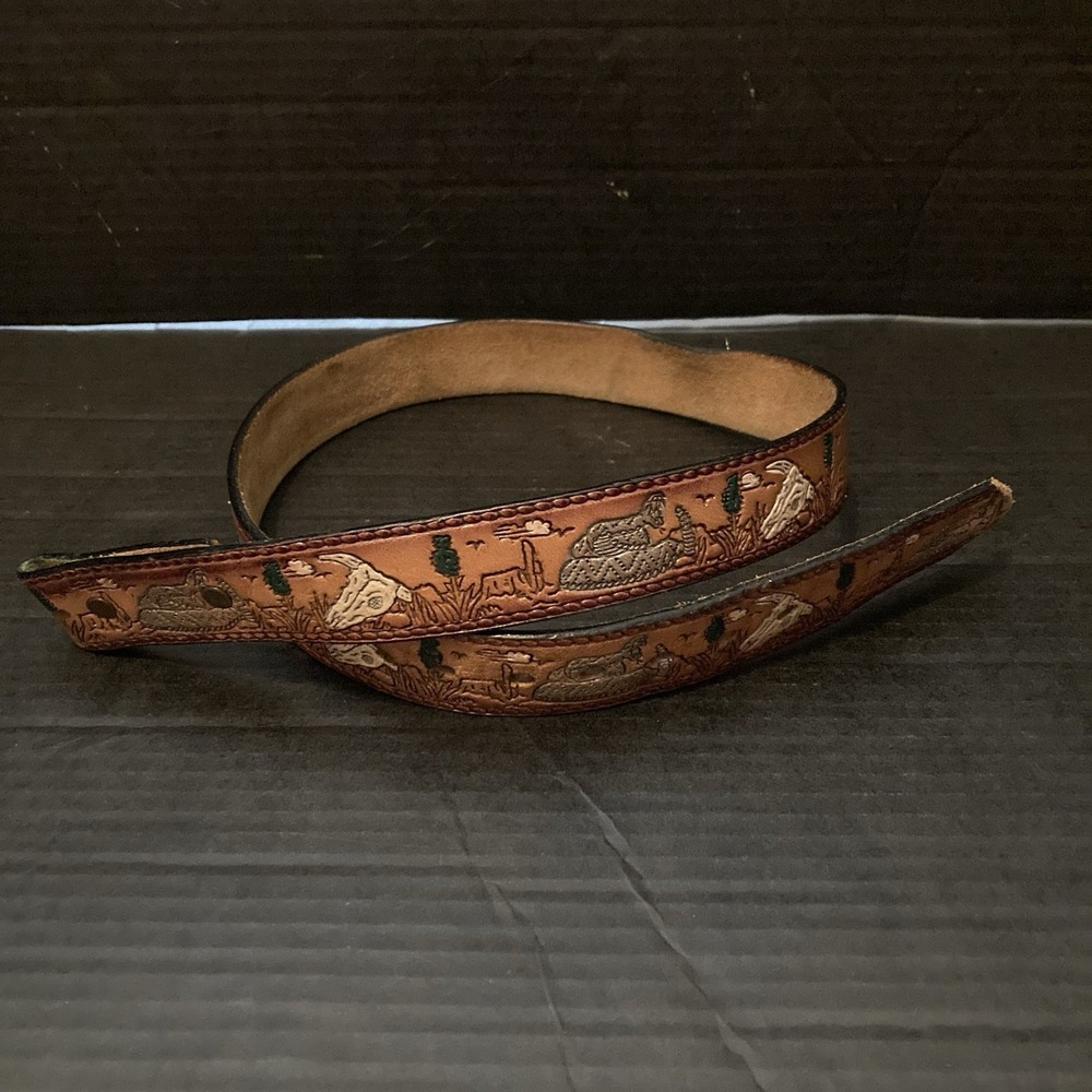 VTG Tooled Western Leather Buckle Belt Custom Name Carlene, Colored Desert Scene